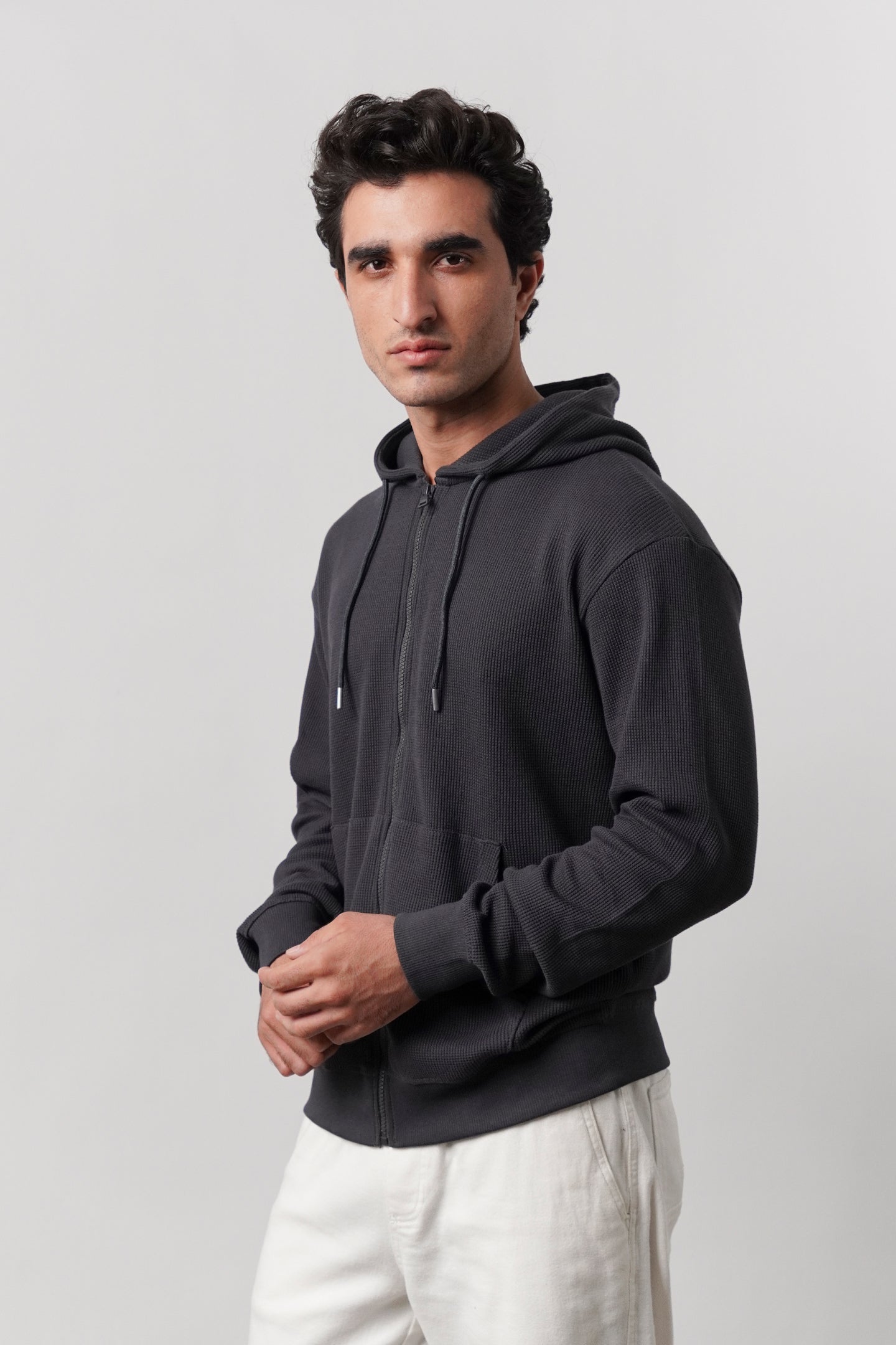 Textured Zipper Hoodie - Charcoal Grey - Mendeez