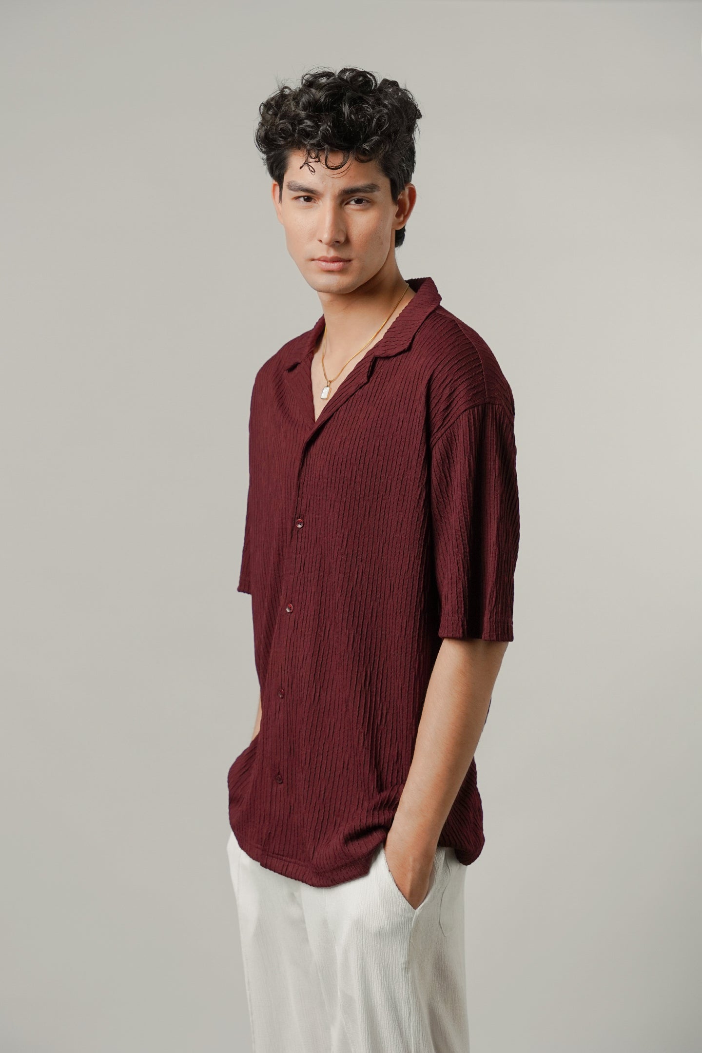 Textured Cuban Shirt - Maroon - FA - Mendeez