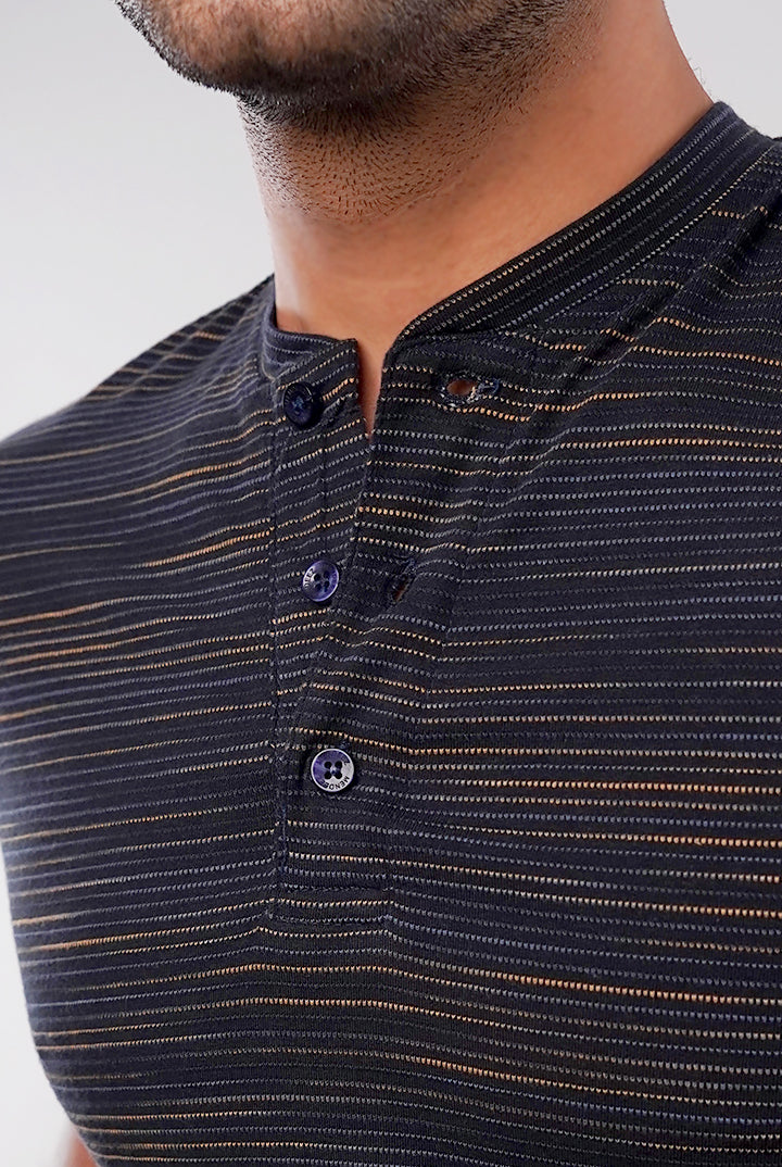Textured Henley T-Shirt - Navy Blue - Mendeez