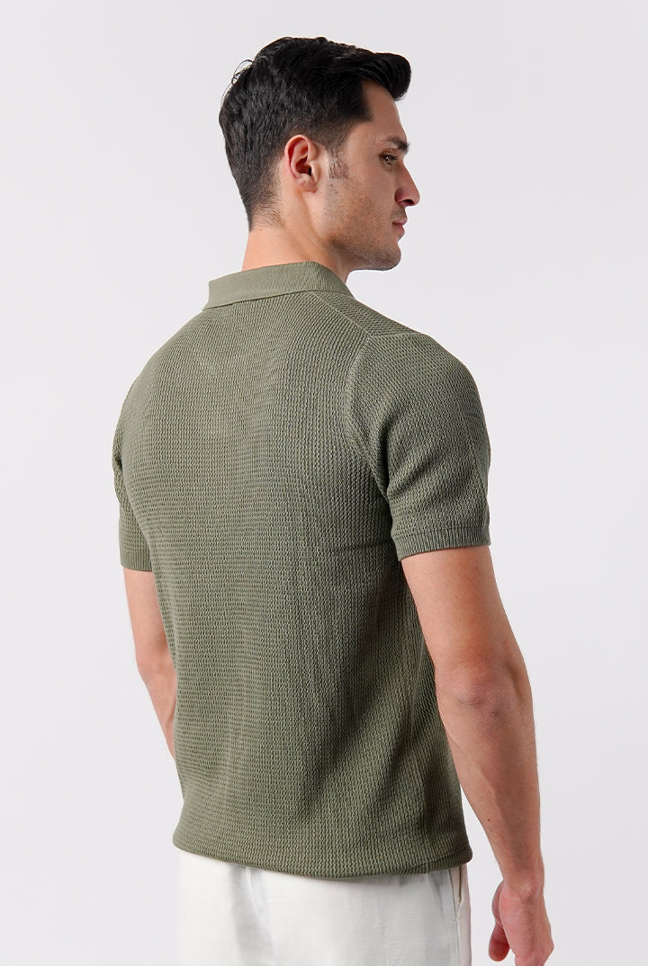 Johnny Collar Knit Polo Shirt - Sage Green - Mendeez