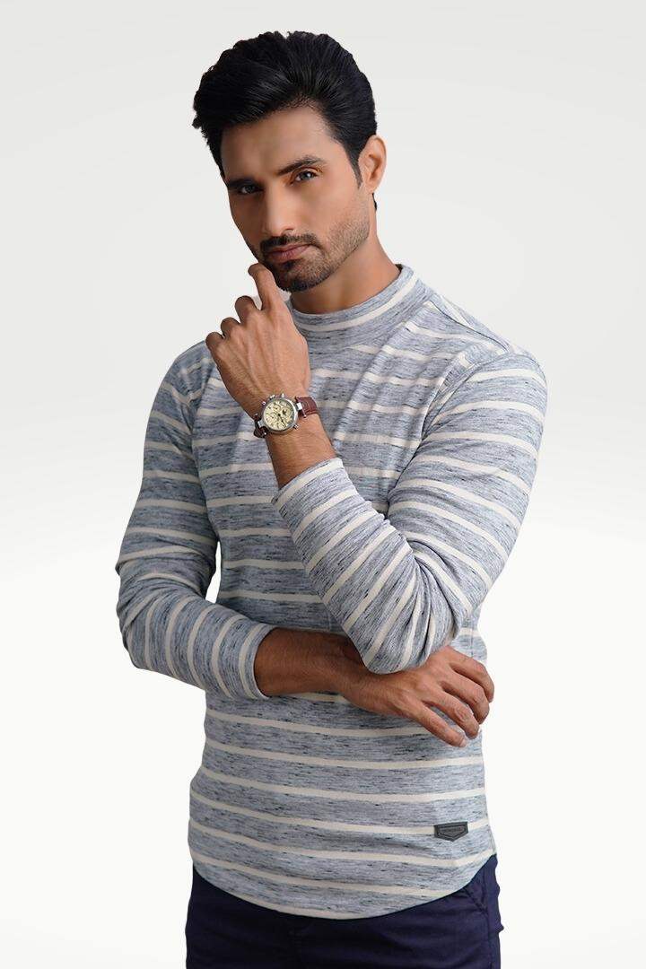 Misty Gray Mock Neck Striped Sweatshirt - Mendeez PK
