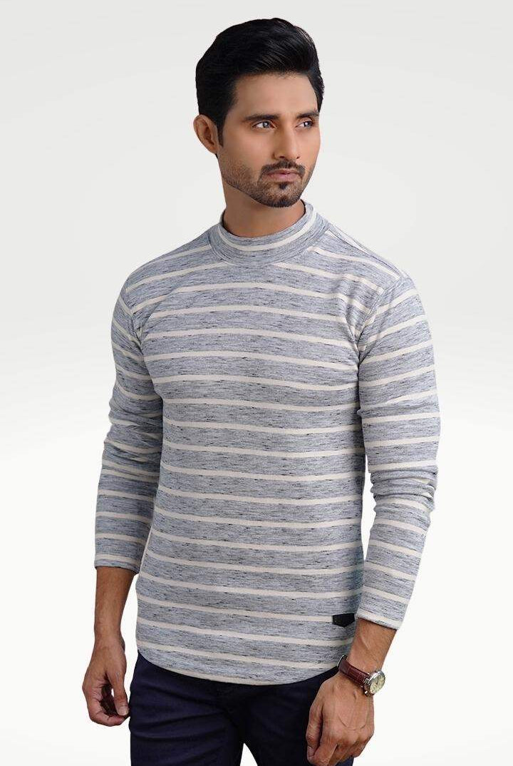 Misty Gray Mock Neck Striped Sweatshirt - Mendeez PK