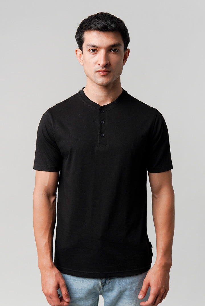 Regular Fit Henley T-Shirt - Black - Mendeez