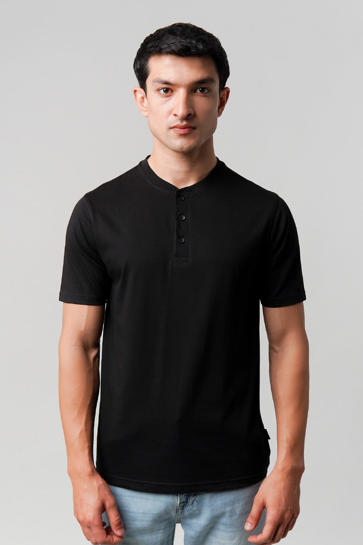Regular Fit Henley T-Shirt - Black - Mendeez