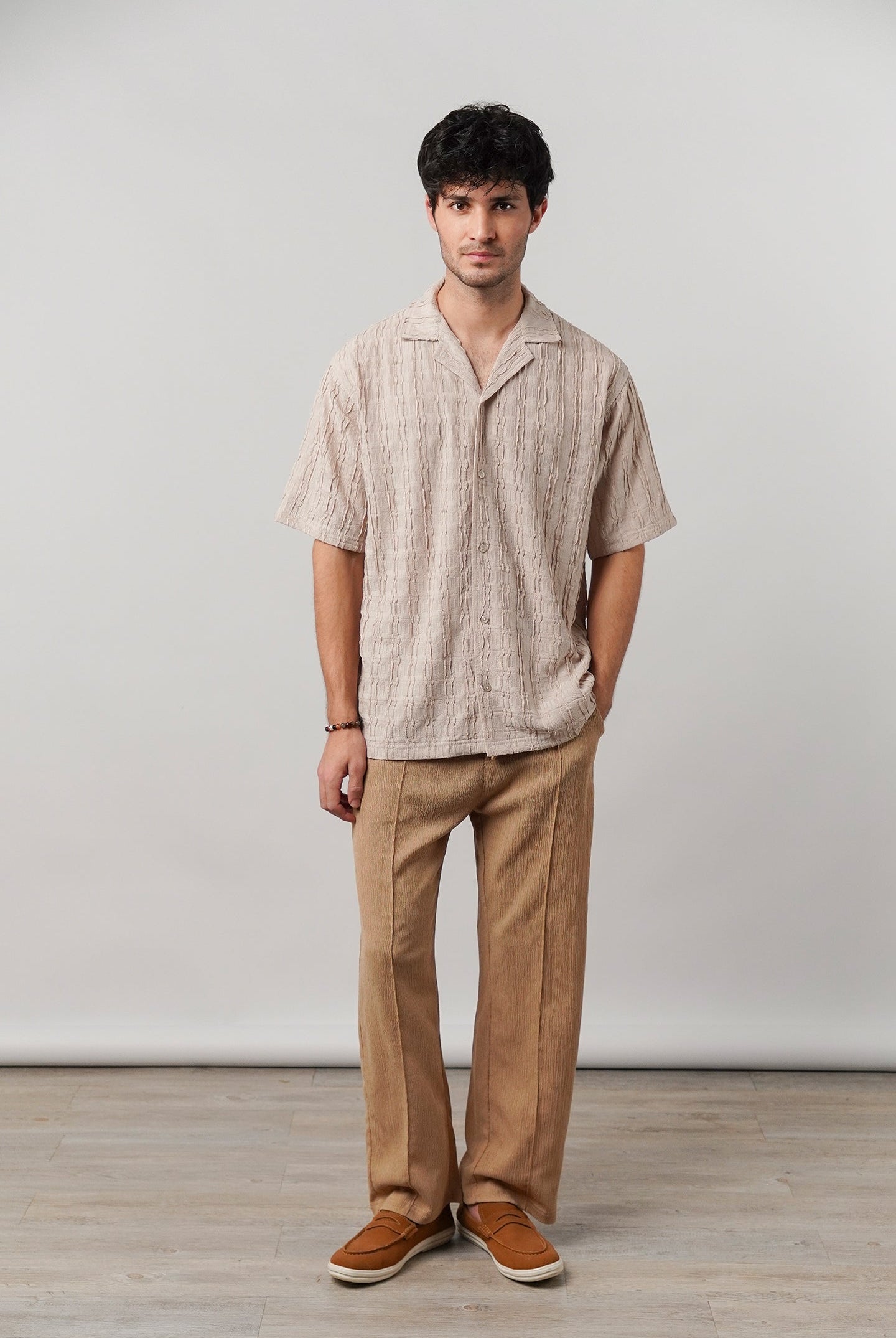 Knitted Cuban Shirt - Beige - Mendeez