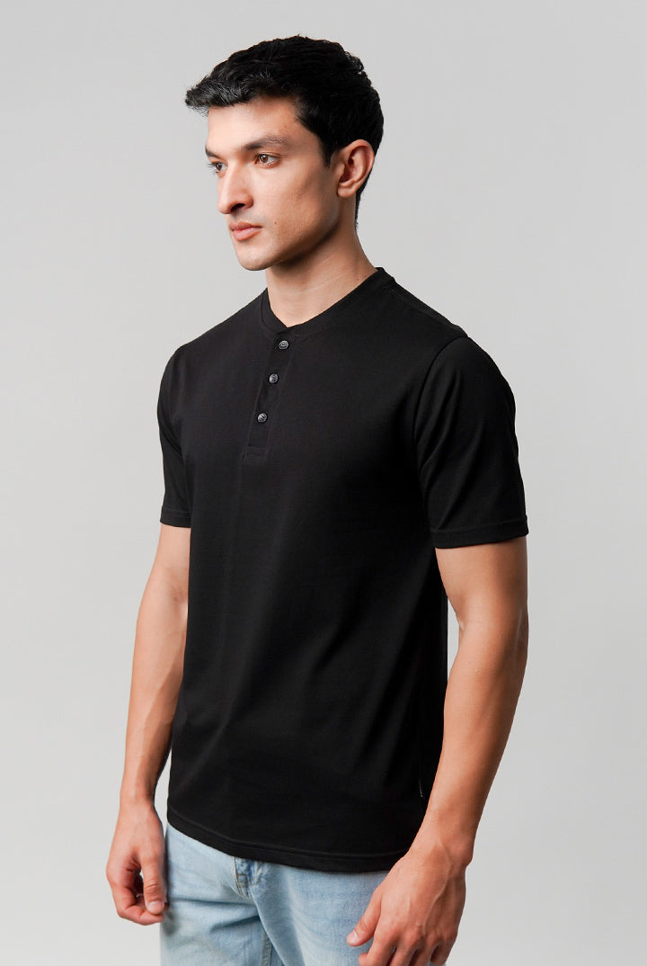 Regular Fit Henley T-Shirt - Black - Mendeez