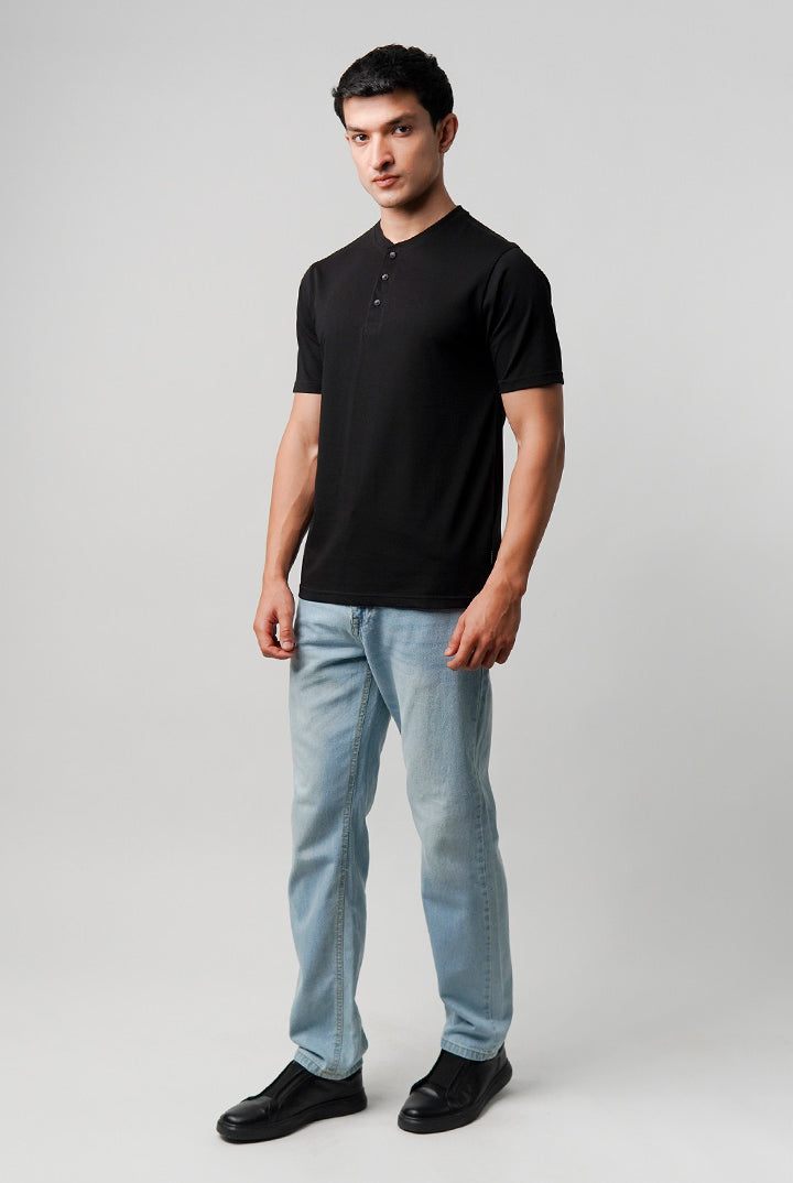 Regular Fit Henley T-Shirt - Black - Mendeez