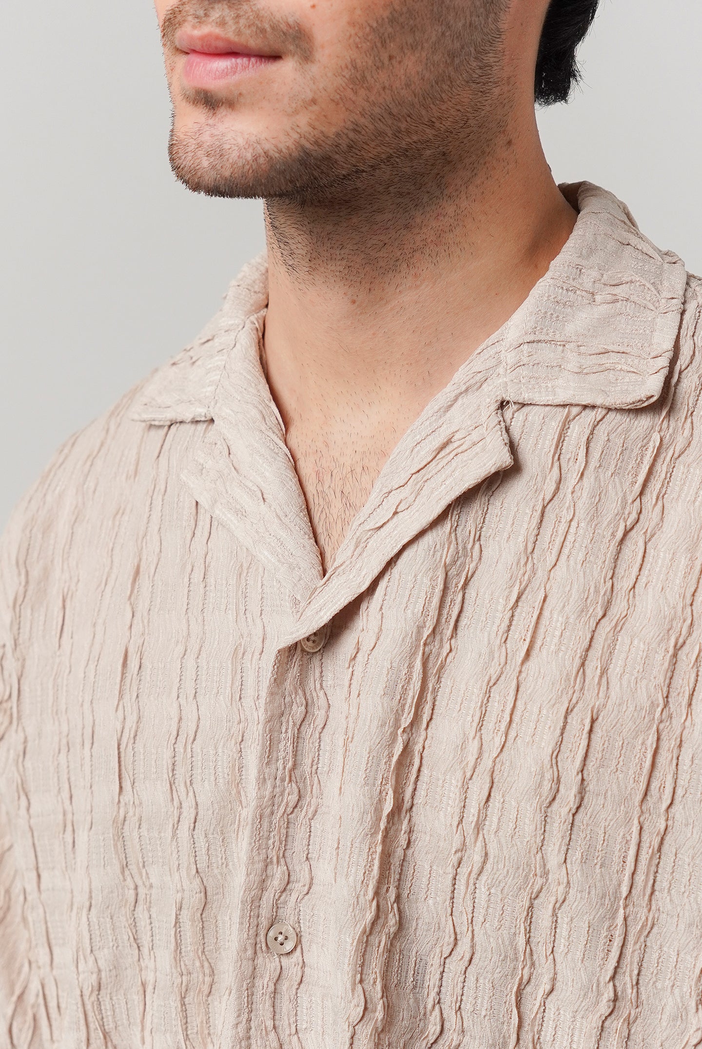 Knitted Cuban Shirt - Beige - Mendeez
