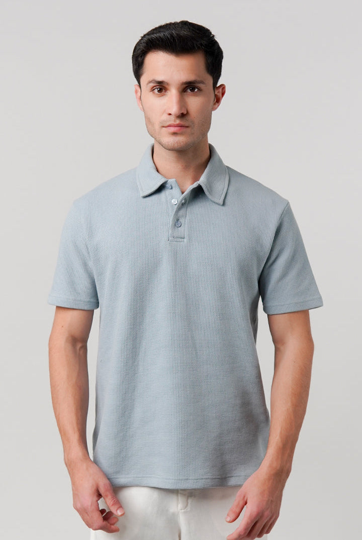 Textured Waffle Polo Shirt - Ice Blue - Mendeez