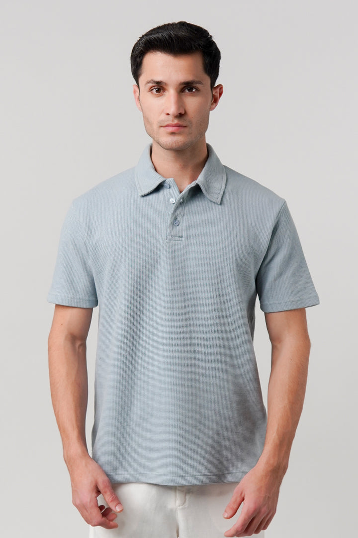 Textured Waffle Polo Shirt - Ice Blue - Mendeez