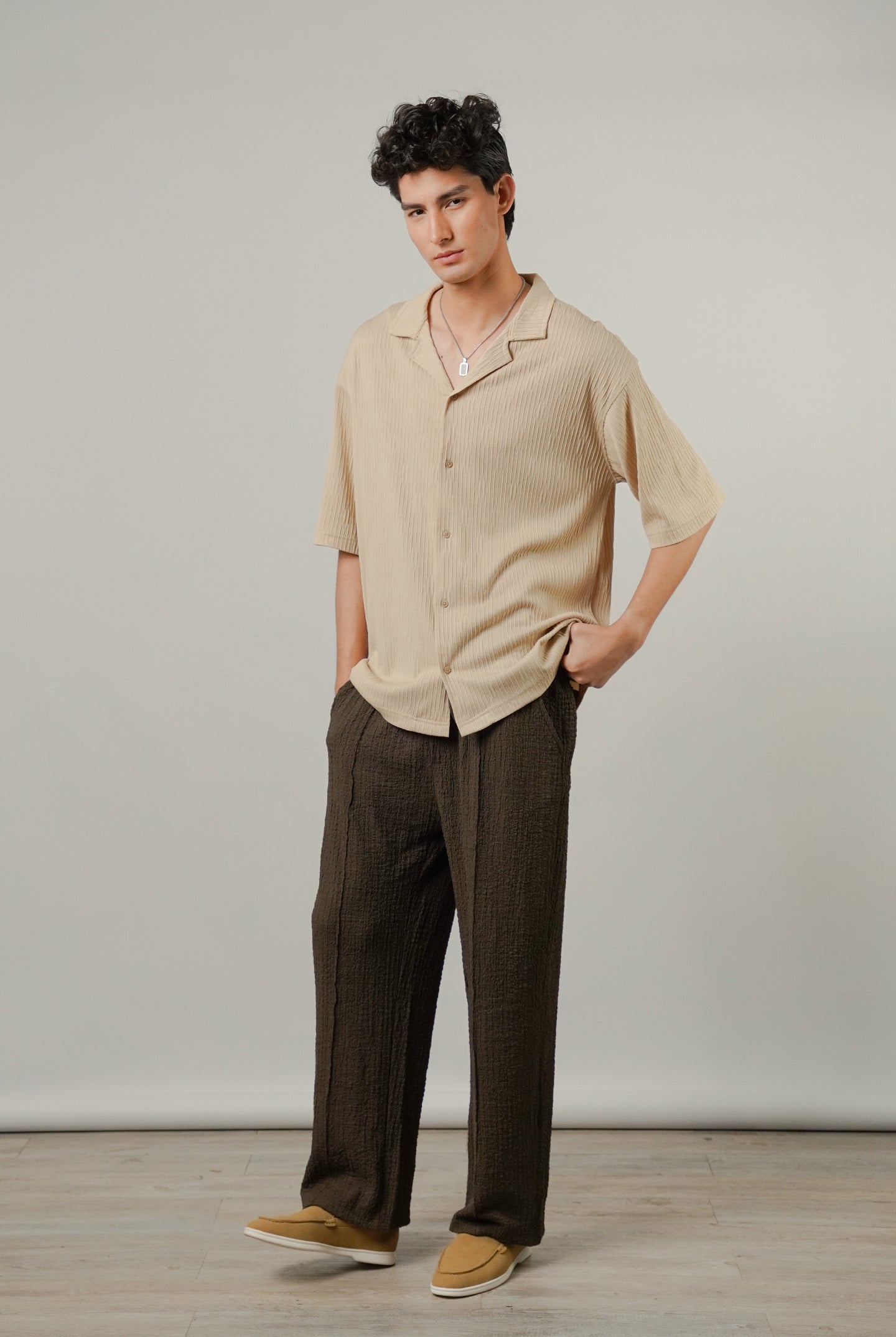 Textured Cuban Shirt - Beige - Mendeez