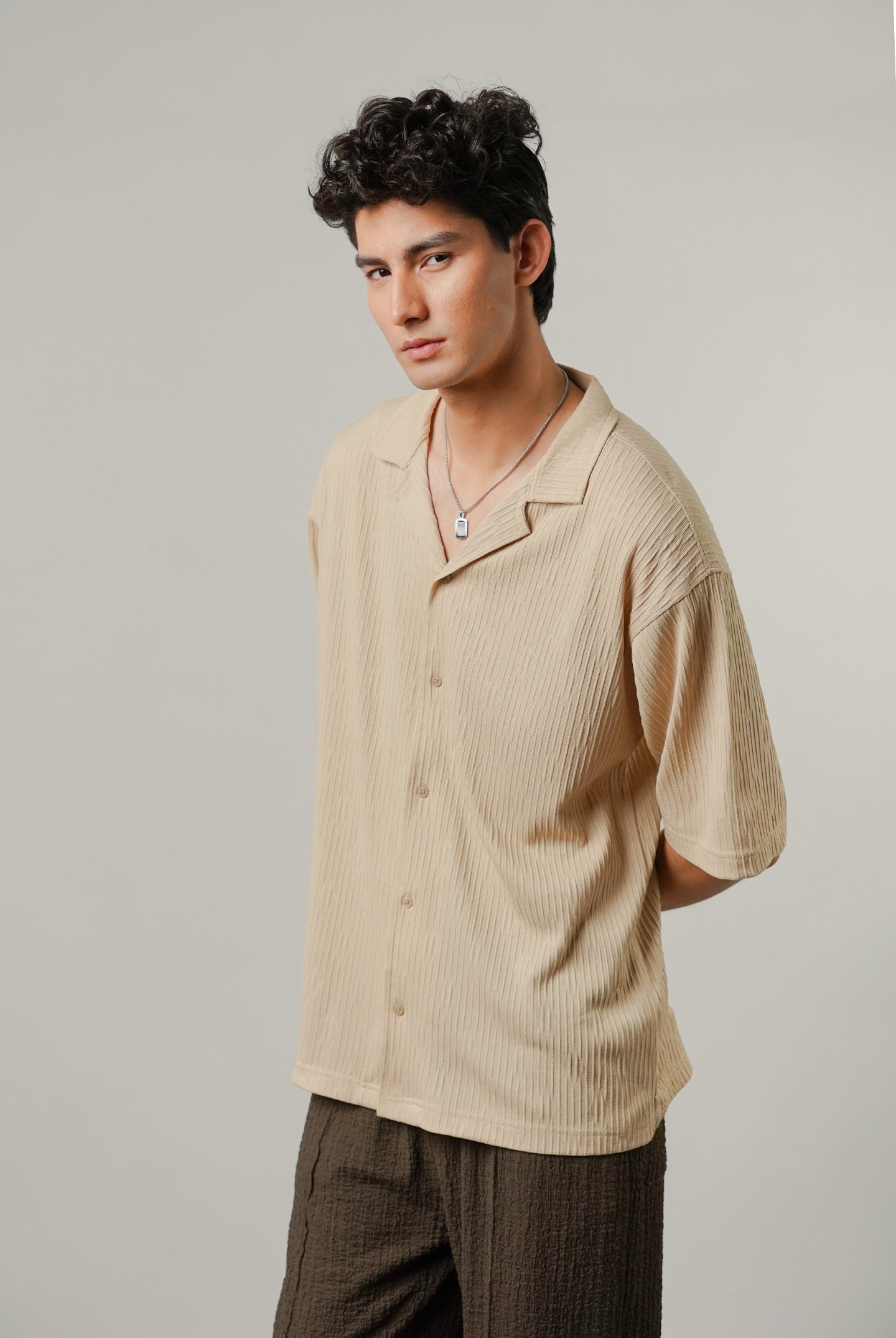 Textured Cuban Shirt - Beige - Mendeez