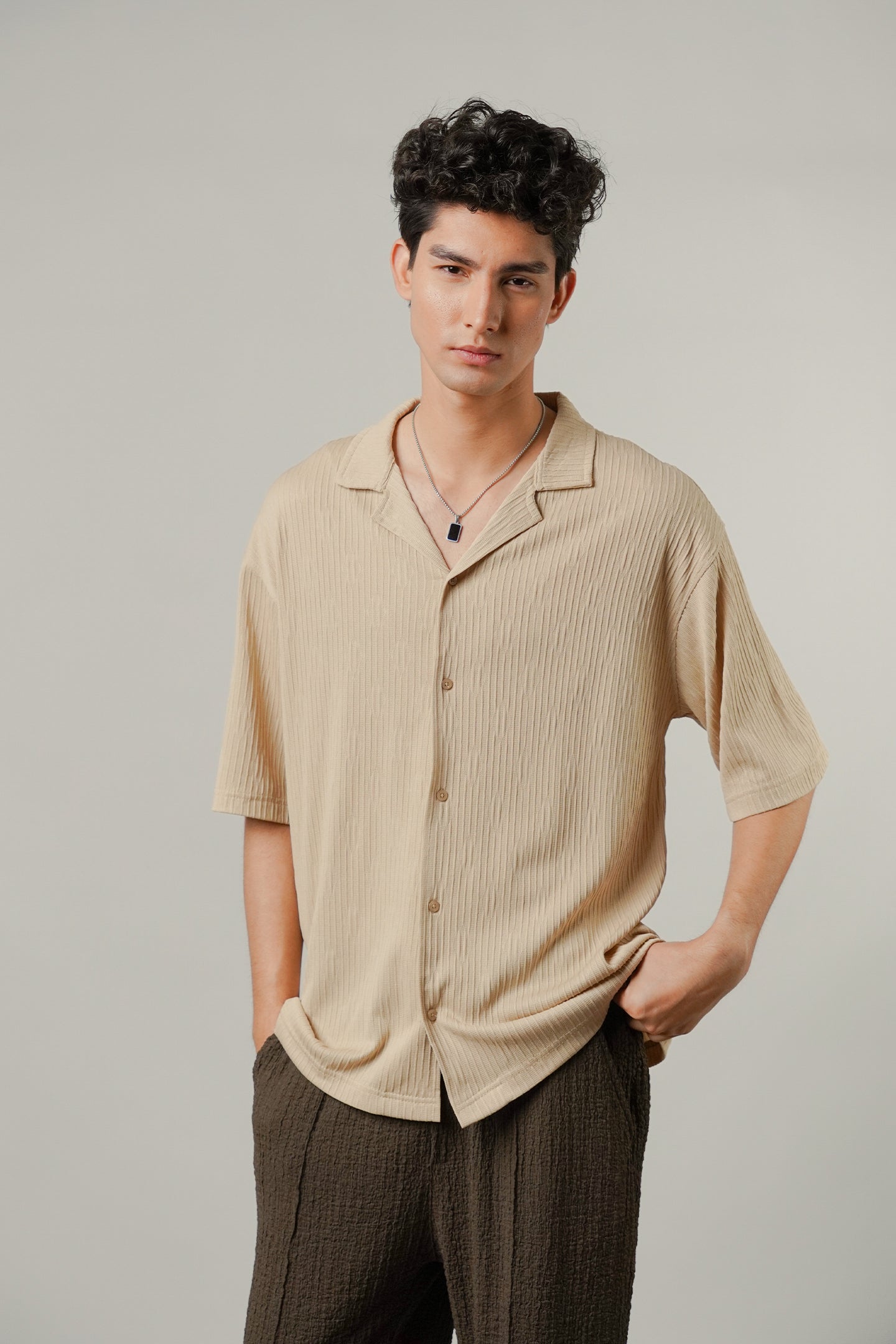 Textured Cuban Shirt - Beige - Mendeez