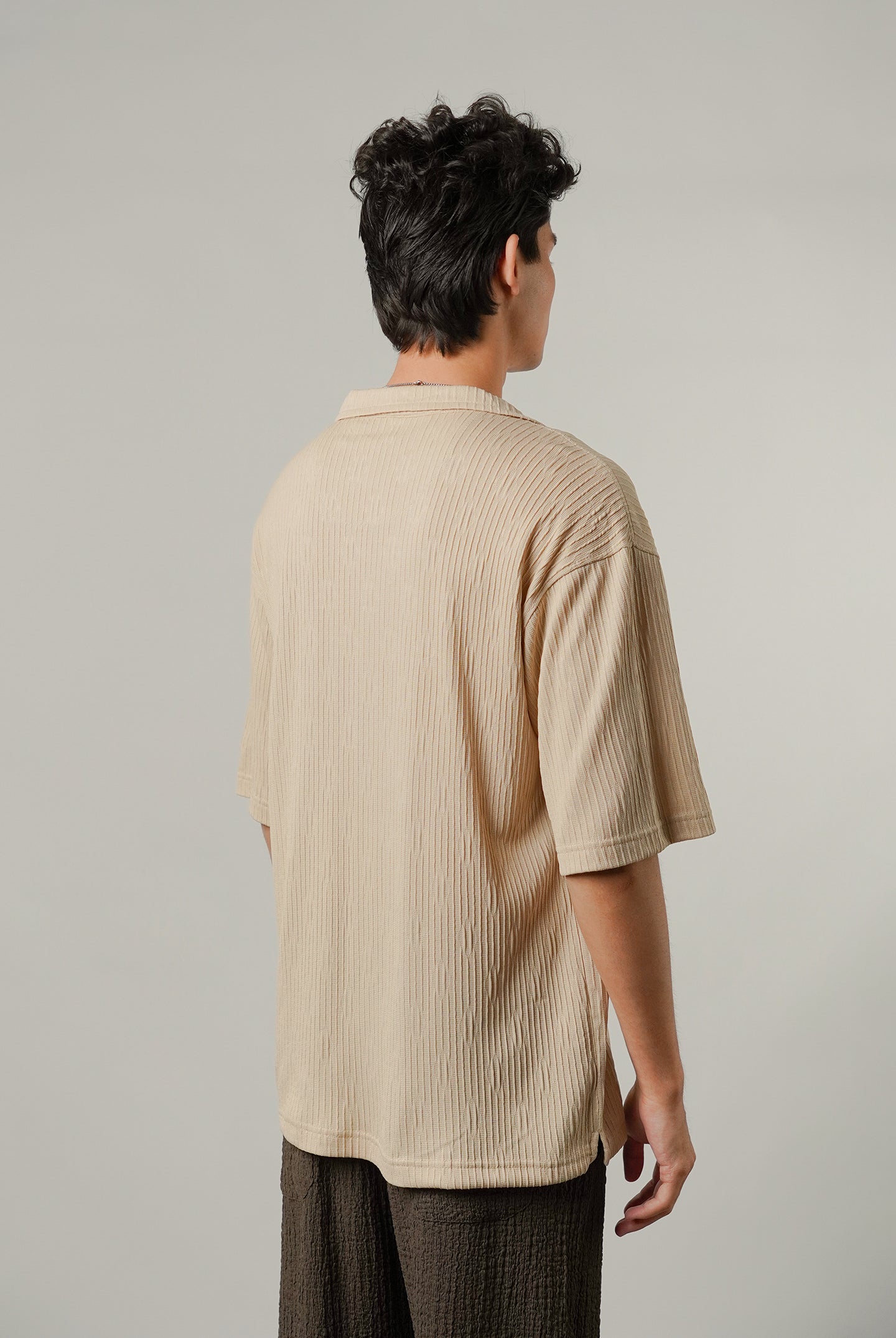 Textured Cuban Shirt - Beige - Mendeez