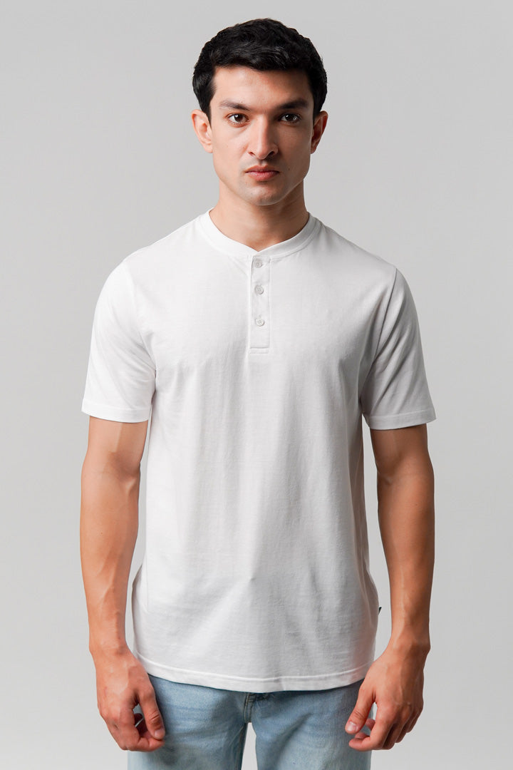 Regular Fit Henley T-Shirt - White - Mendeez