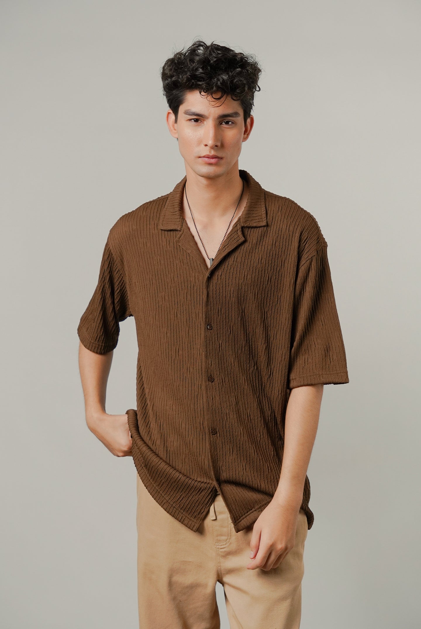 Textured Cuban Shirt - Brown - Mendeez