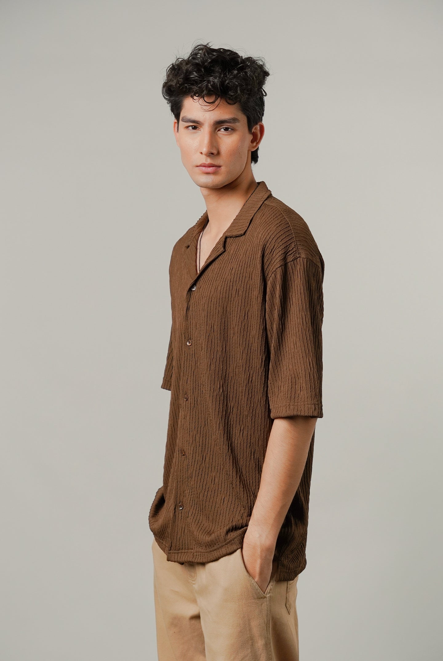 Textured Cuban Shirt - Brown - Mendeez