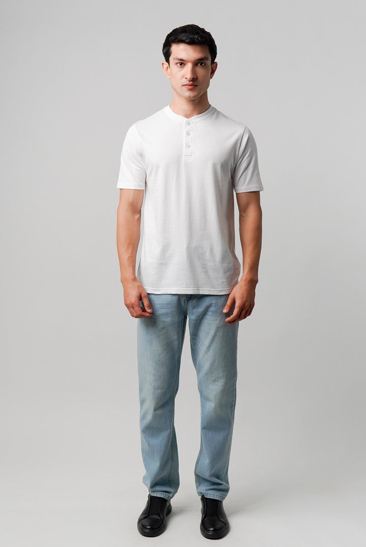 Regular Fit Henley T-Shirt - White - Mendeez