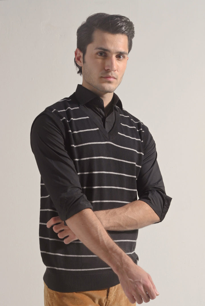 Striped Sweater Vest - Black - Mendeez