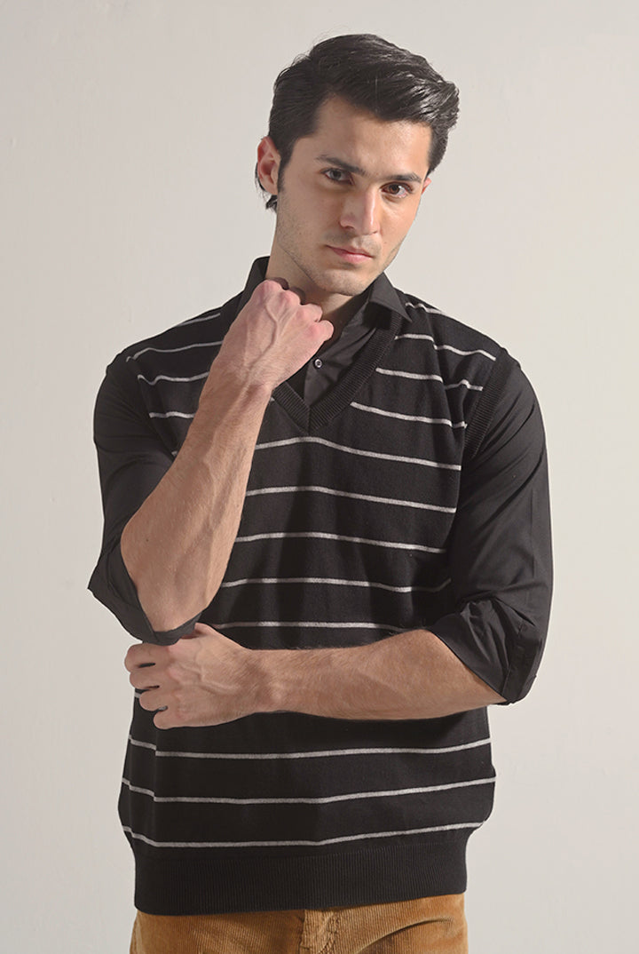 Striped Sweater Vest - Black - Mendeez