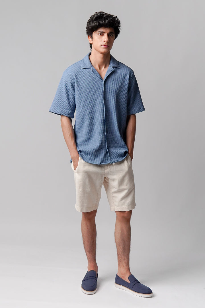 Waffle Knit Cuban Shirt - Steel Blue - Mendeez