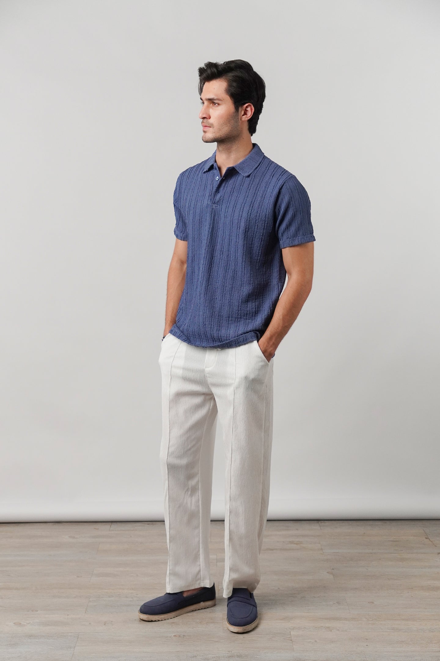 Knitted Polo Shirt - Blue - Mendeez