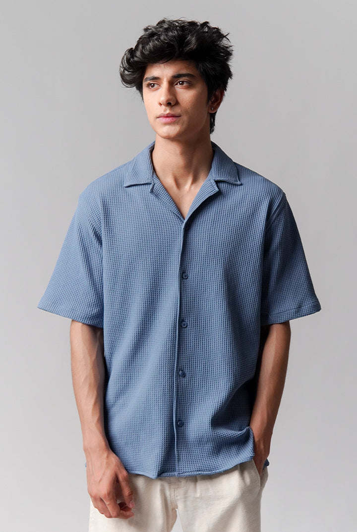 Waffle Knit Cuban Shirt - Steel Blue - Mendeez