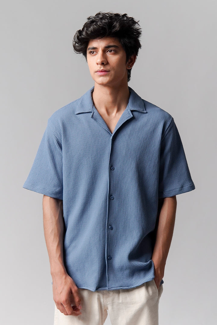 Waffle Knit Cuban Shirt - Steel Blue - Mendeez