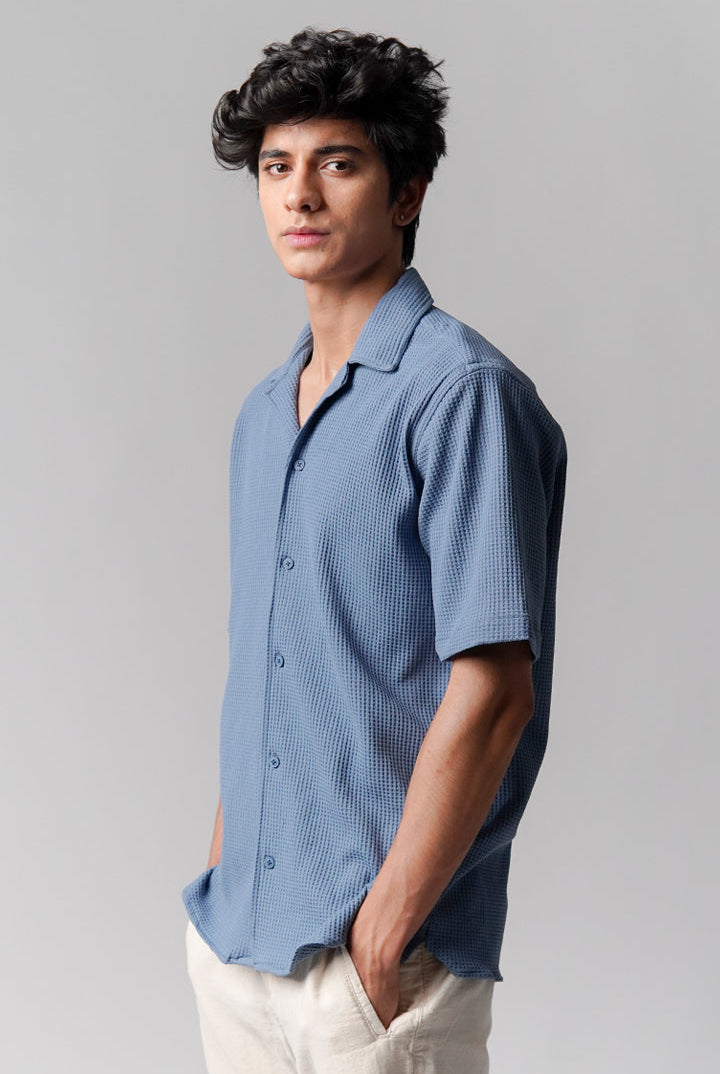 Waffle Knit Cuban Shirt - Steel Blue - Mendeez