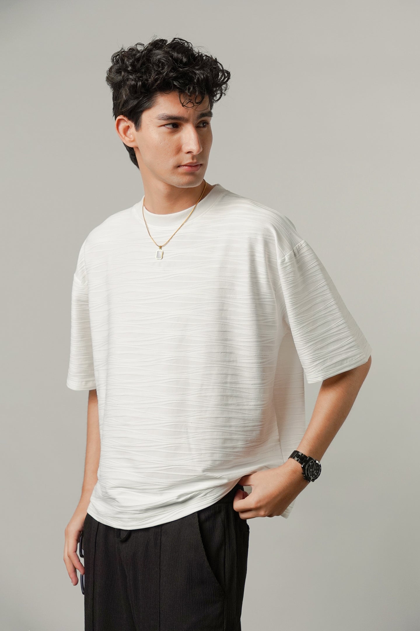 Oversized Textured Tee - White - FA - Mendeez