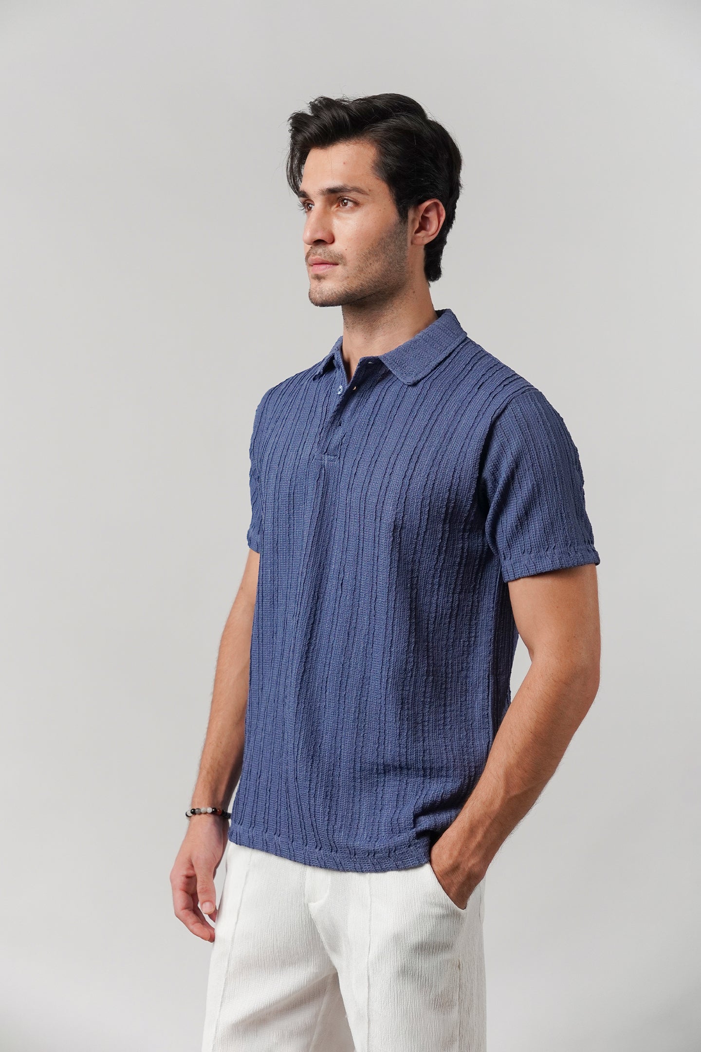 Knitted Polo Shirt - Blue - Mendeez