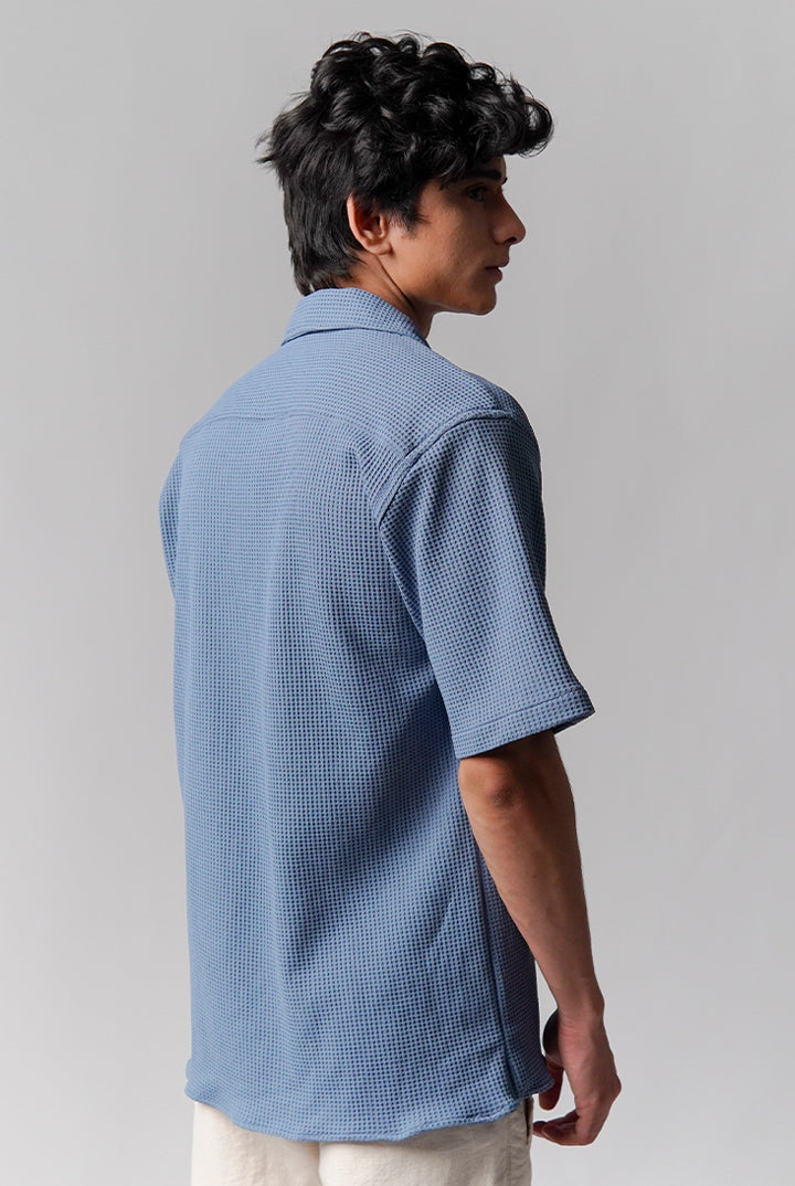 Waffle Knit Cuban Shirt - Steel Blue - Mendeez