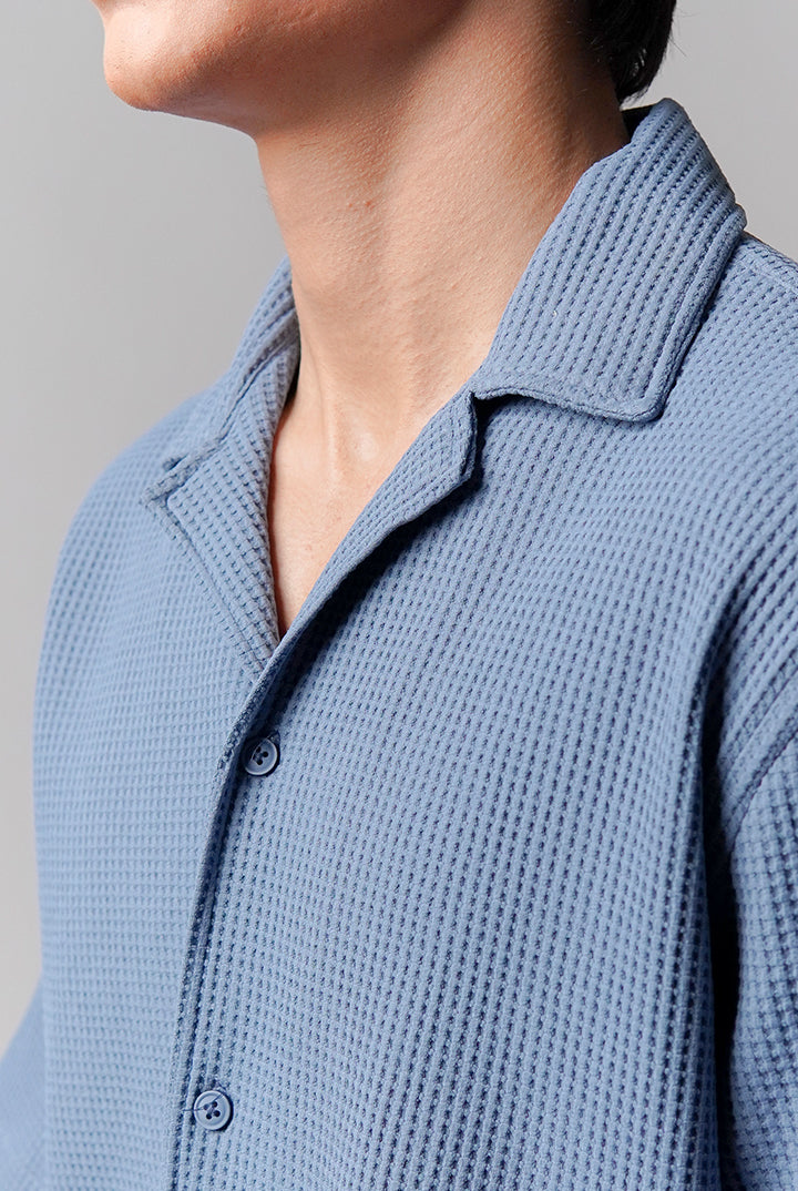 Waffle Knit Cuban Shirt - Steel Blue - Mendeez