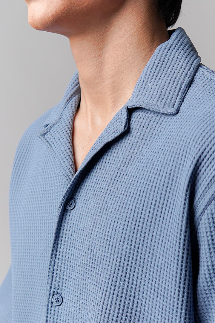 Waffle Knit Cuban Shirt - Steel Blue - Mendeez