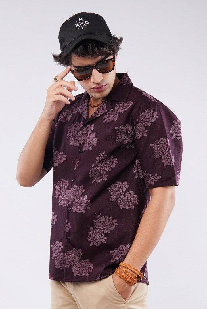 Floral Printed Cuban Shirt - Maroon - Mendeez
