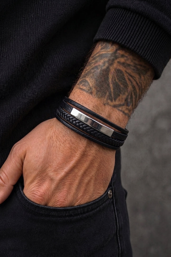 Multi-Layer Black Bracelet with Silver Bar - Mendeez