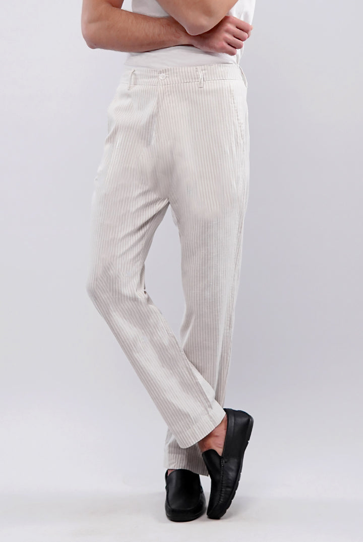 Striped Linen Pants - White & Beige - Mendeez