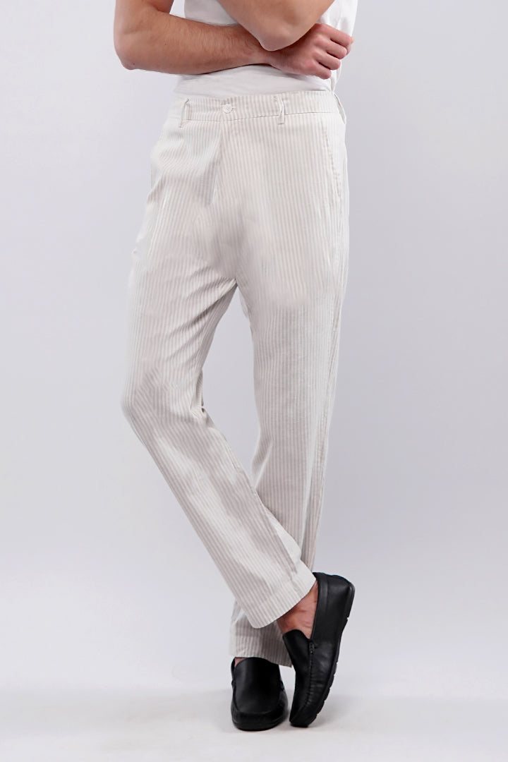 Striped Linen Pants - White & Beige - Mendeez
