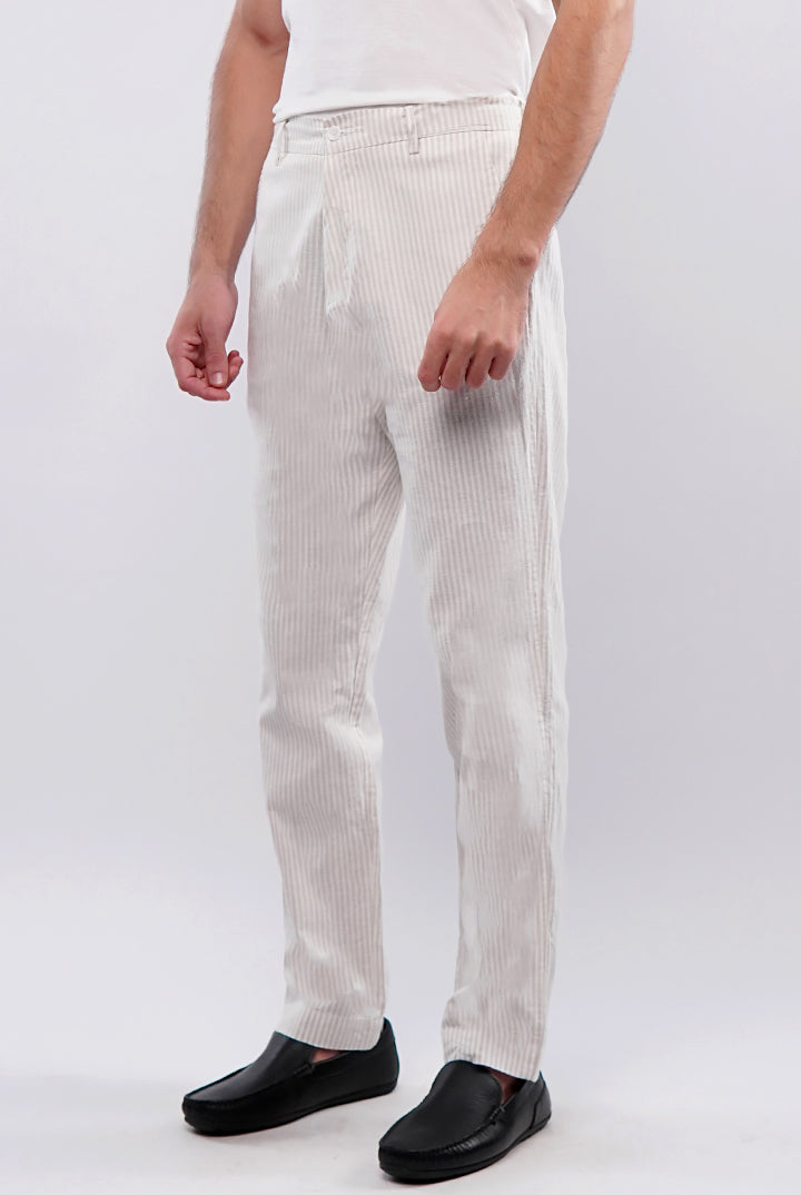 Striped Linen Pants - White & Beige - Mendeez
