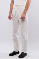 Striped Linen Pants - White & Beige - Mendeez