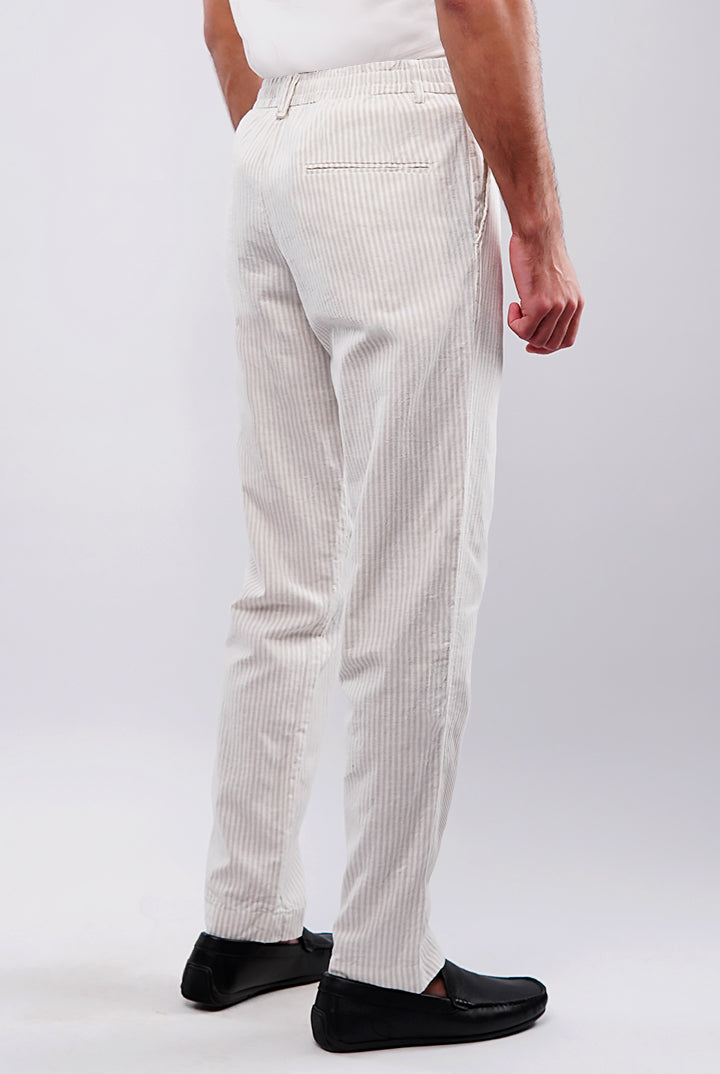 Striped Linen Pants - White & Beige - Mendeez