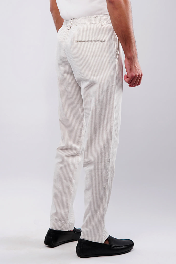 Striped Linen Pants - White & Beige - Mendeez