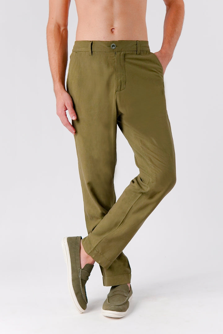 Straight Fit Linen Pants - Olive - Mendeez