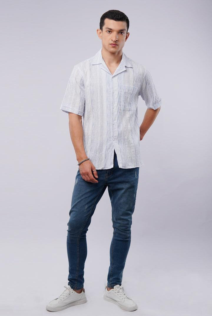 Striped Texture Cuban Shirt - Blue & White - Mendeez