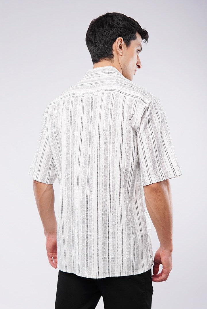Striped Texture Cuban Shirt - White & Black - Mendeez