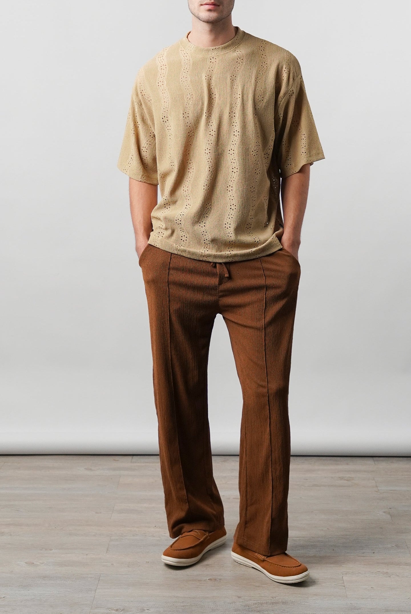 Textured Pintex Trouser - Brown - Mendeez