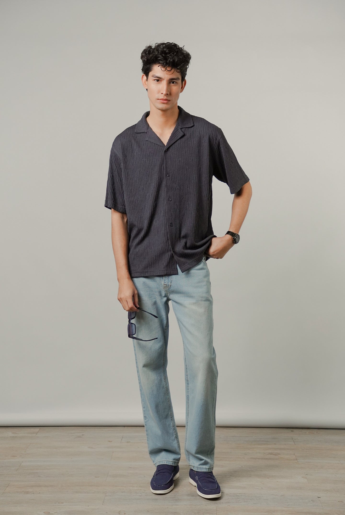 Textured Cuban Shirt - Greyish Blue - Mendeez