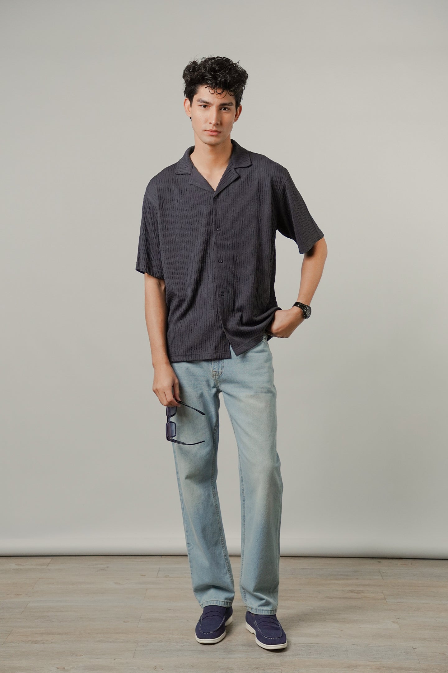 Textured Cuban Shirt - Greyish Blue - Mendeez