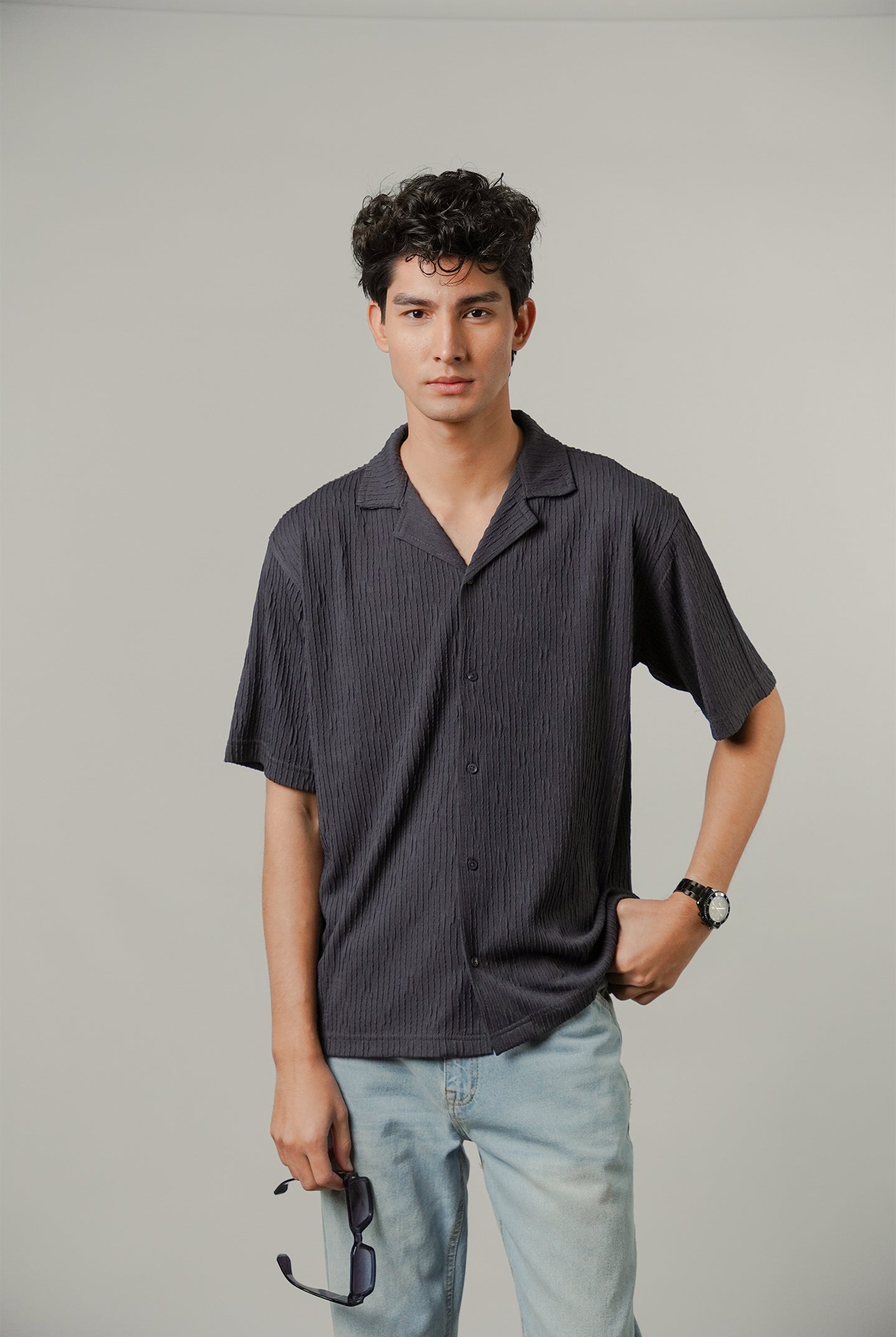 Textured Cuban Shirt - Greyish Blue - Mendeez
