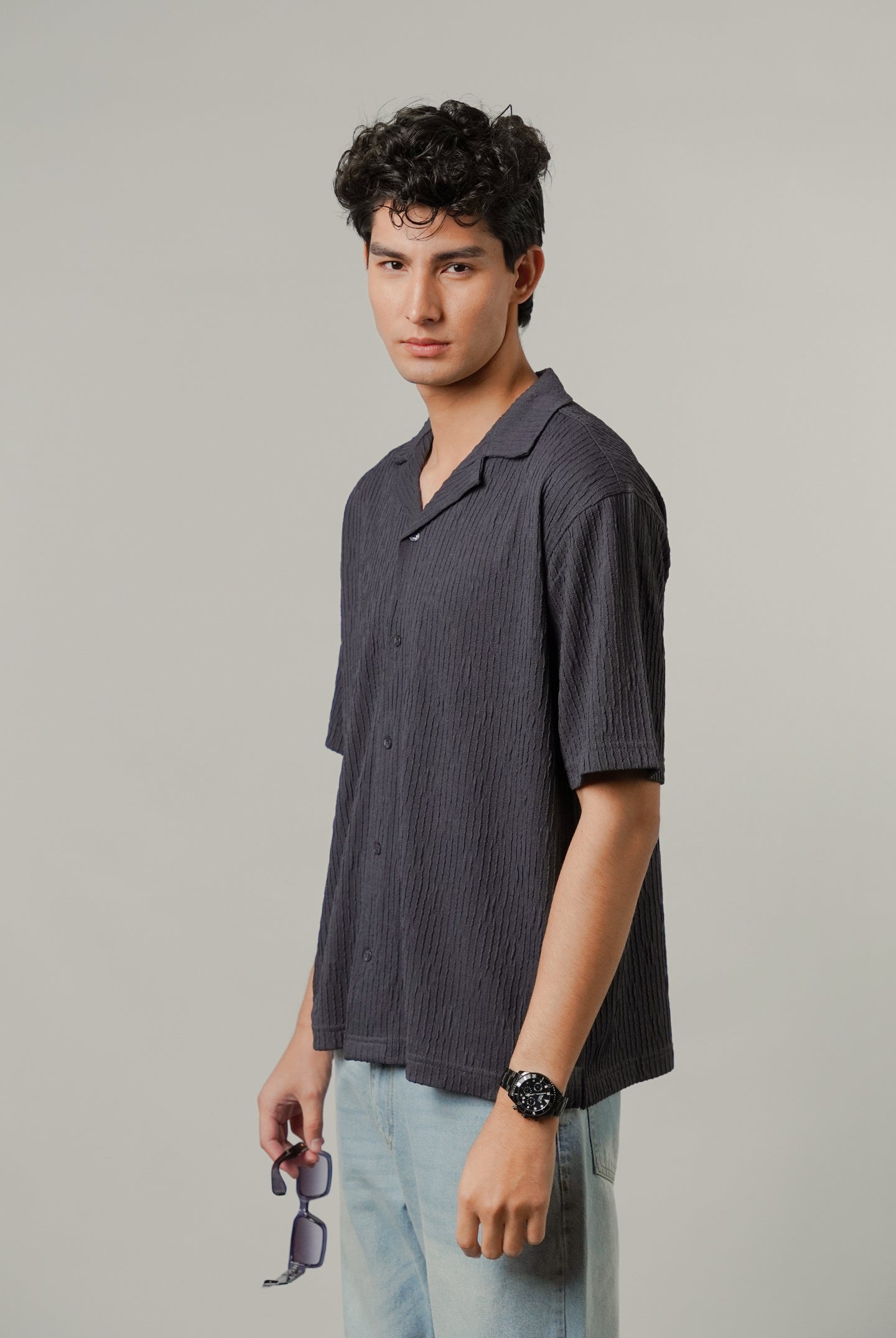 Textured Cuban Shirt - Greyish Blue - Mendeez